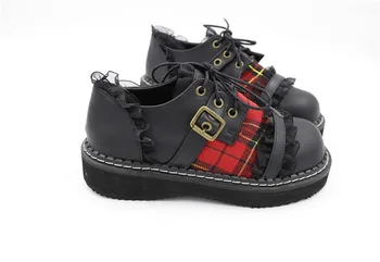 

Womens Round Toe Vintage Harajuku Punk Shoes Gothic Lace Up Lattice Plaid Lace Decor Low Heel Lolita Cosplay Preppy New F49