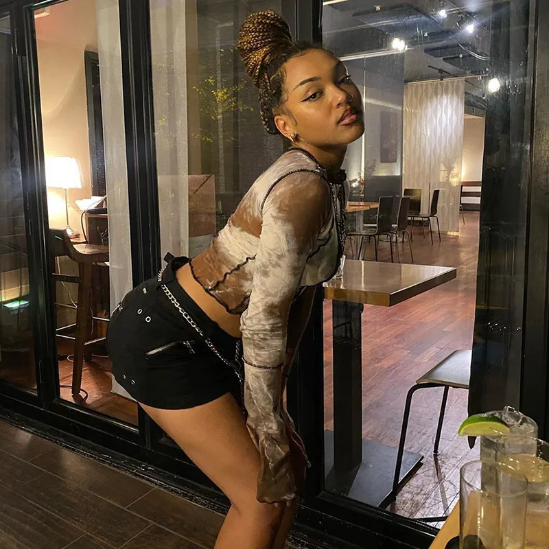 Sexy Single Side Sleeve Reverse Stitch Crop Top For Women's Long Sleeve Round Neck Short Cut T-shirt 2020 Lady Party Wear