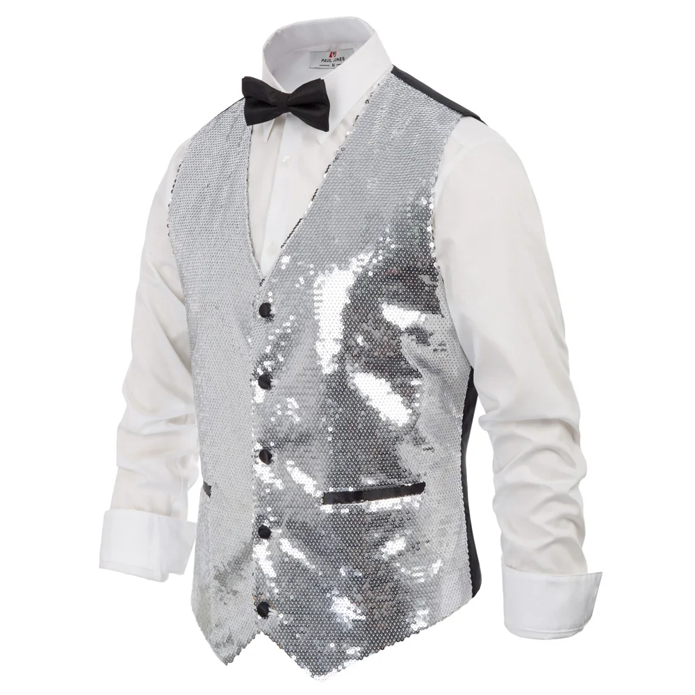 Men Sparkling Sequins Vest Coat Waistcoat Black/Silver slim V-Neck Handkerchief Stylish Single brea