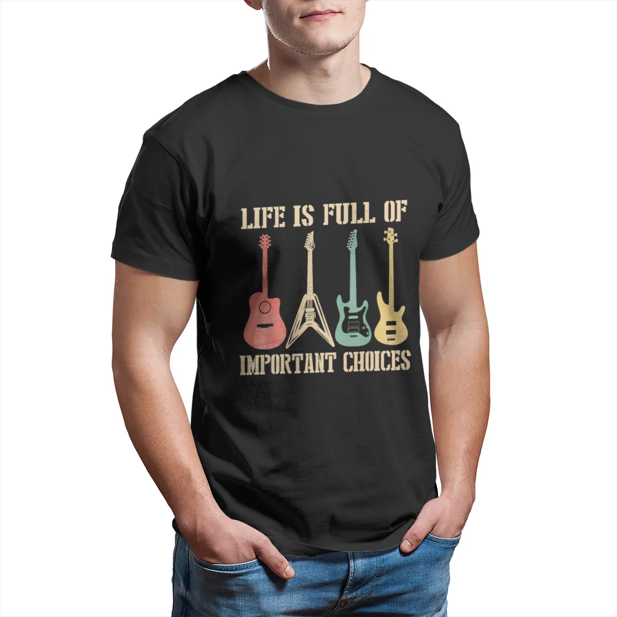 

Guitar - Life is Full of Important Choice Funny G T-Shirt Black wholesale Clothes Oversized Sleeve Streetwear Retro Tees 13644