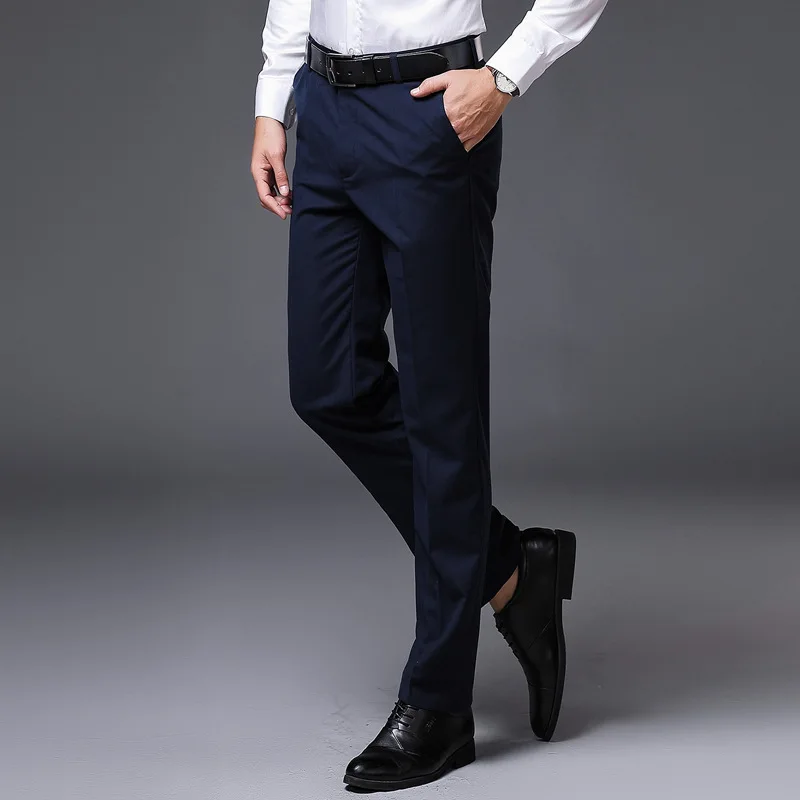 Мужские облегающие прямые брюки Брендовые повседневные брюки с плоской передней частью мужские деловые официальные Pantalon de Vestir Hombre цвет красного вина - Цвет: Navy