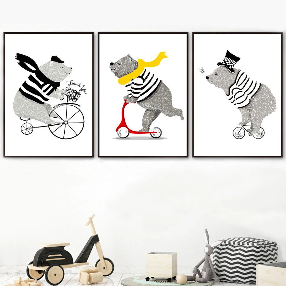 Мультяшный медведь велосипед скандинавские плакаты и принты настенные художественные картины на холсте Детские художественные принты настенные картины декор для детской комнаты