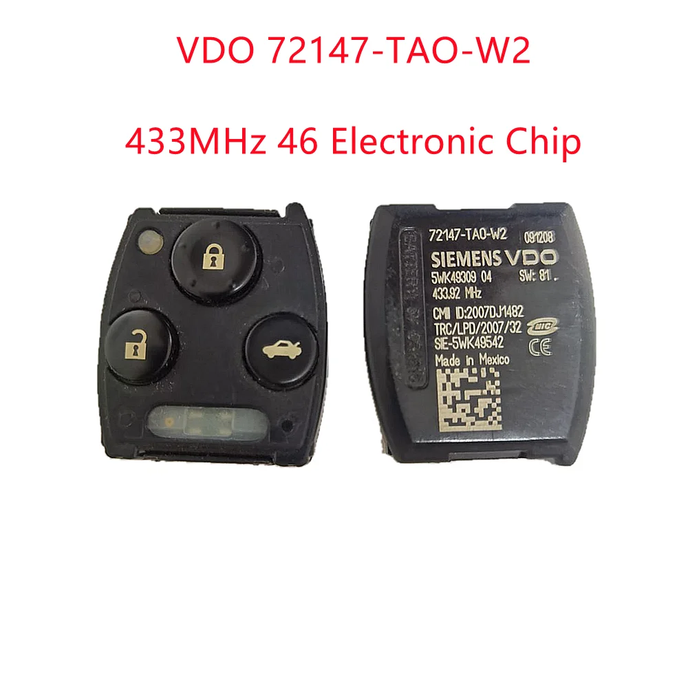 VDO 72147-TAO-W2 Remote Control 3buttons 433.92Mhz with 46 Electronic Chip for Honda Accord 2008 2009 2010 Original Auto Parts