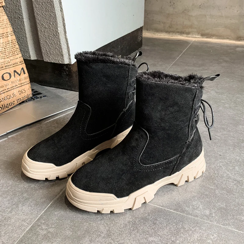 ERNESTNM/зимние ботинки на меху; женские зимние ботинки из флока высокого качества на резиновой подошве; женские теплые мягкие ботильоны; повседневная обувь; botas Mujer - Цвет: Black