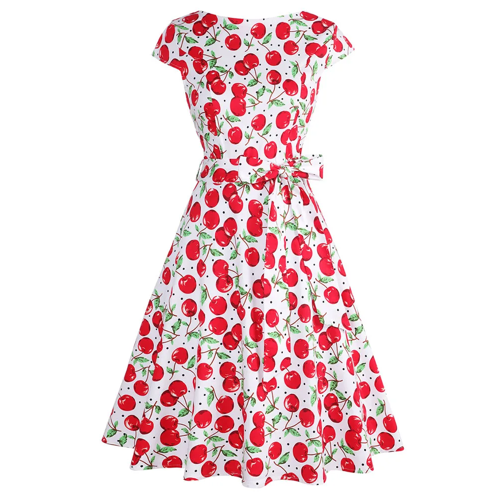 

Joineles Fruit Print Women Retro Dress Cherry Print Summer Dress Round Neck Short Sleeves Belts Vintage Dress Office Vestidos