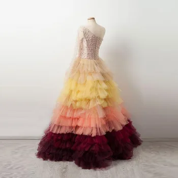 

Abiye Colorful Tulle Prom Dresses 2020 Luxury Pearls Puffy Ball Gowns Long Evening Gowns One Shouler Vestido De Festa Longo