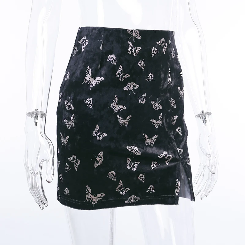InsGoth вышивка бабочки Высокая талия мини черные юбки для женщин уличная одежда облегающие велюровые юбки карандаш готические винтажные юбки