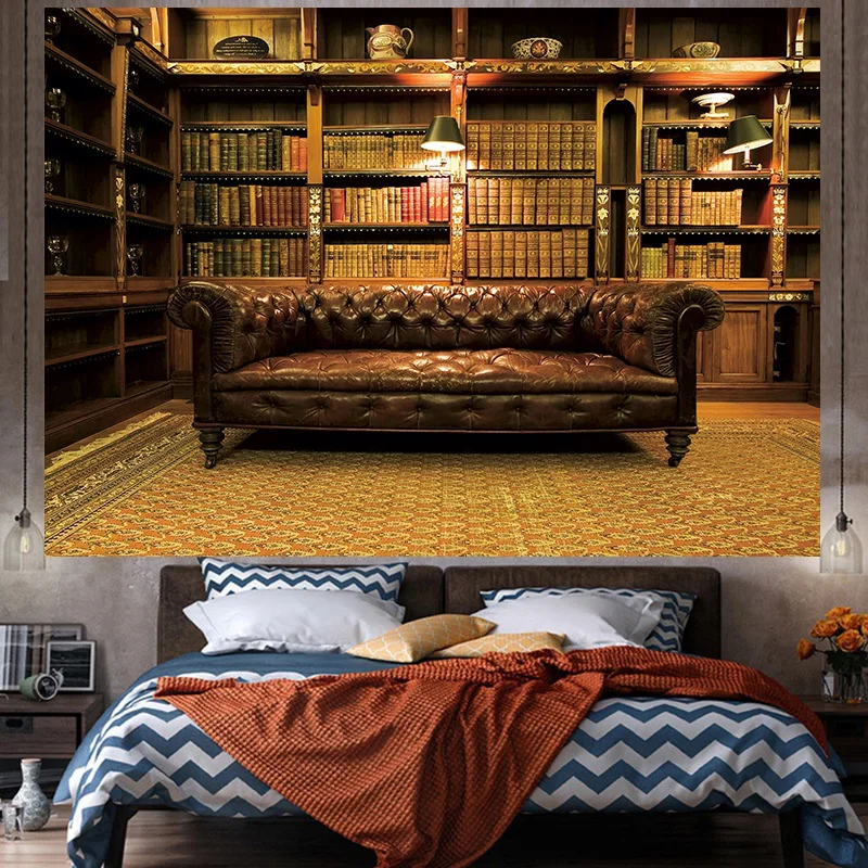 

livingroom tapestry wall cloth background home decoration printing leather sofa bookshelf blanket wall mural