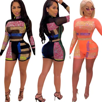 

2019 European and American fashion long-sleeved stand collar geometric pattern hot drilling shorts sexy nightclub jumpsuit