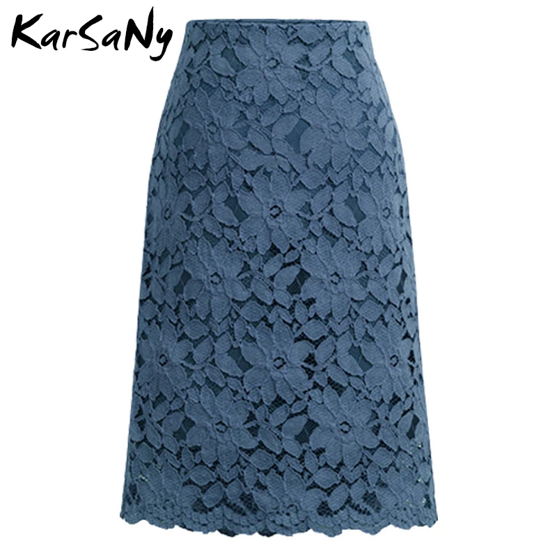 Dark blue KarSaNy кружевная юбка, женские элегантные офисные юбки, длина до колена, высокая талия, юбка-карандаш для женщин, юбки для женщин, s Лето - Цвет: Dark blue