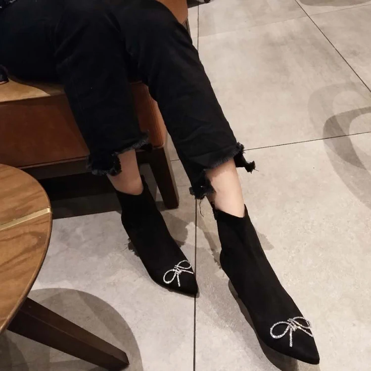 Ботинки Donna Sock Scarpe; женская обувь на высоком каблуке; chaussures femme; ботильоны с бантом-бабочкой; ботинки с острым носком на молнии; Botas Bling