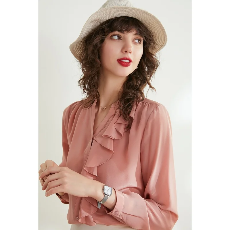 Женская рубашка из натурального шелка с длинным рукавом и V образным вырезом|wire