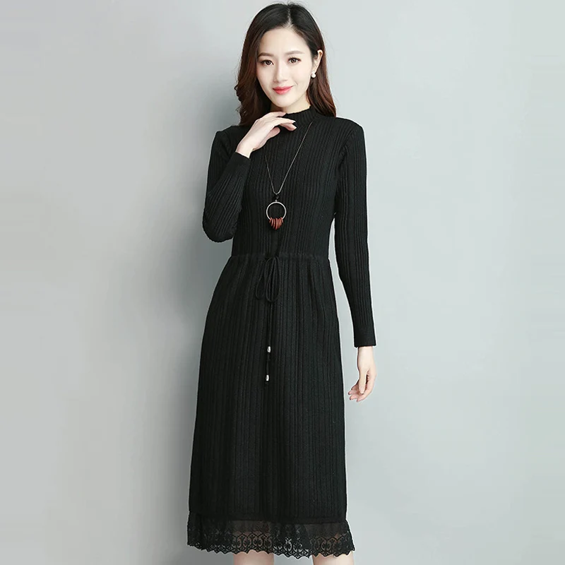 

Autumn And Winter new Lace Sweater Dress Women fashion Knitted Warm dress Female Elegant Turtleneck Long sleeve dress