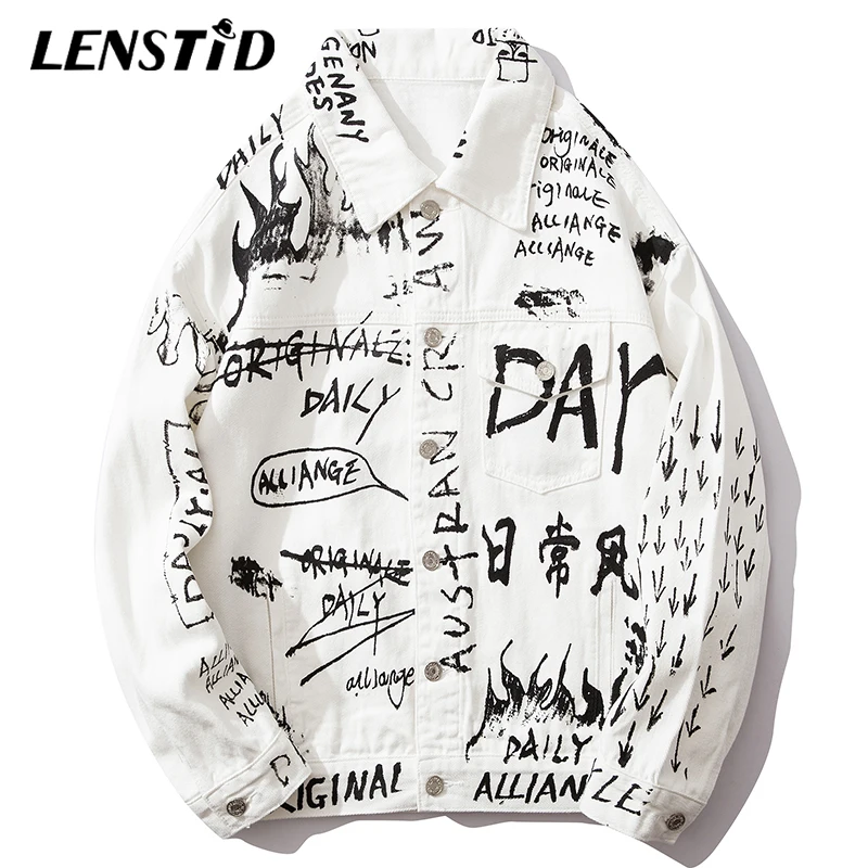 

LENSTID Autumn Harajuku Hip Hop Oil Paint Graffiti Printed Denim Bomber Jackets Mens Distressed Streetwear Vintage Jeans Jacket