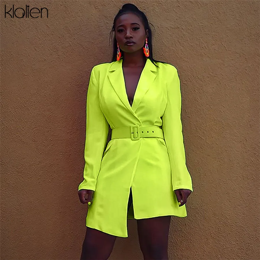 Ceny KLALIEN jesień moda Neon mini sukienki damskie ścięty z długim rękawem Casual High Street Mini sukienka z paskiem odzież 2019