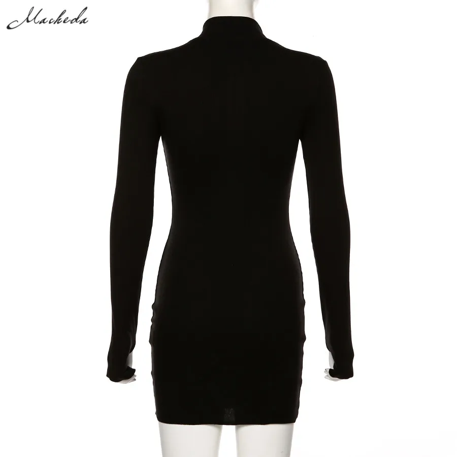 Macheda Autumn Winter Stretch Slim Soft Ribbed Knitted Turtleneck Dress Woman Fashion Solid Black Casual Bodycon Zip Dress formal dresses