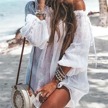 

2020 Women Bathing Suit Cover-Ups Loose Crochet Bikini Cover Up Swimwear Summer Beach Dress Off Shoulder Dress Ladies Dresses