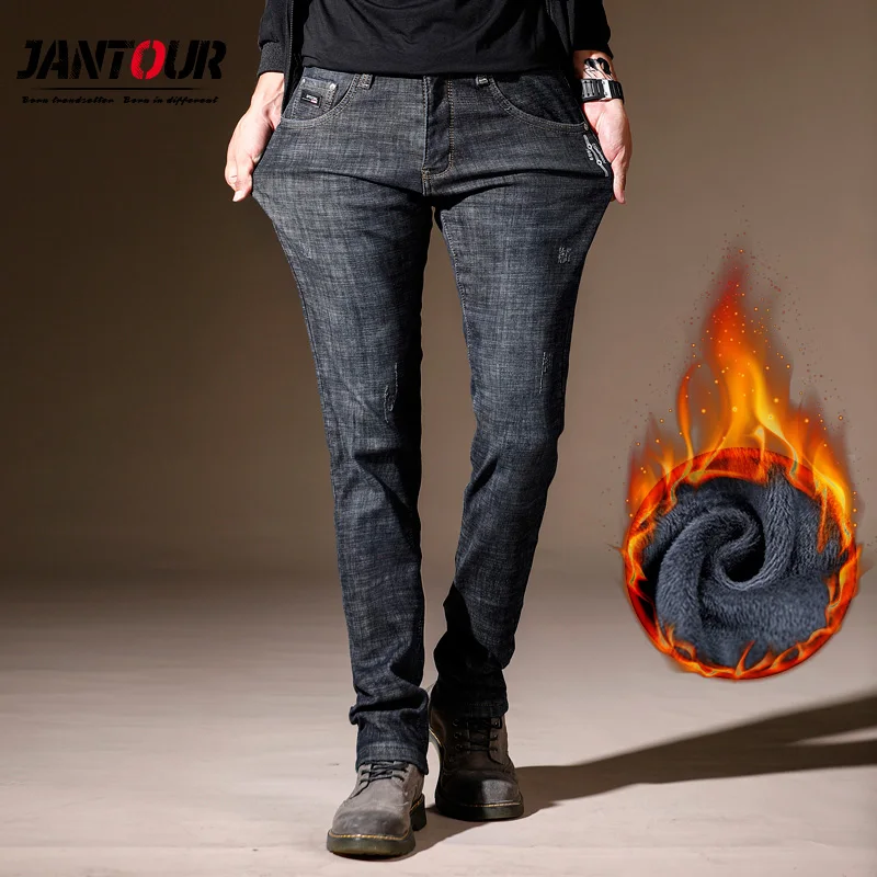 Новые зимние мужские теплые флисовые джинсы мужские эластичные повседневные обтягивающие плотные джинсовые фланелевые джинсы мягкие черные Брендовые брюки мужские