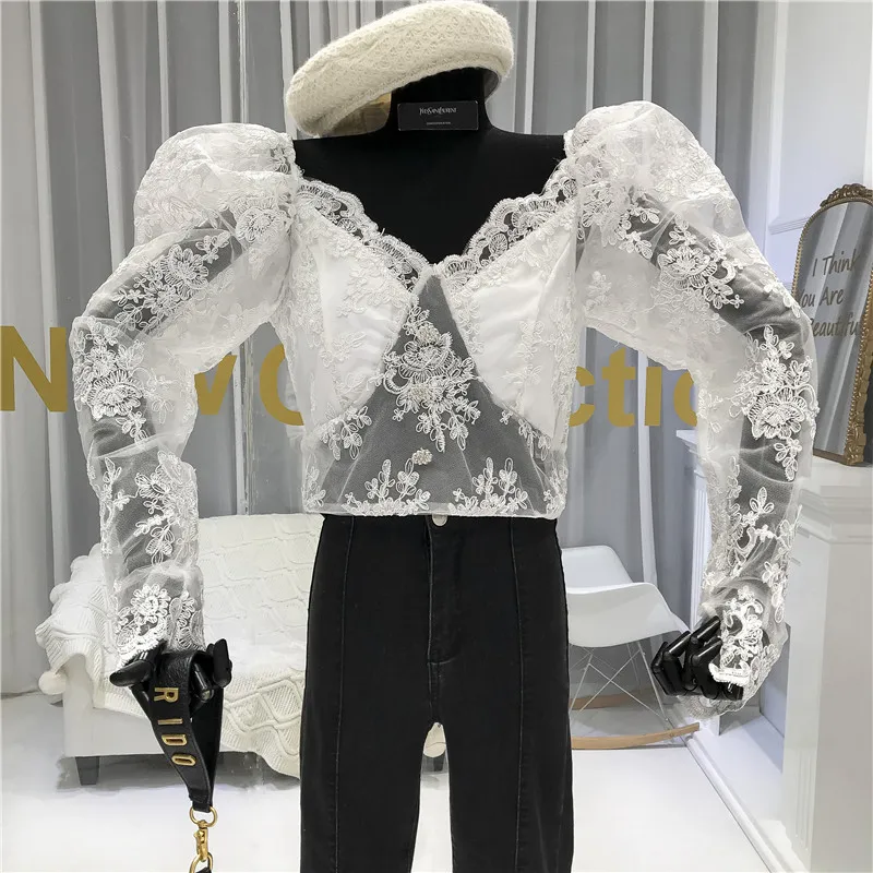 Прозрачные женские рубашки корейская модная одежда Twotwinstyle вышивка цветочный v-образный вырез с пышными рукавами винтажные женские блузки