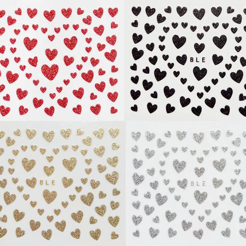 

Nail Art 3D Decal Stickers Glitter Hearts Red Black Gold Silver Valentine's Day Manicure Design