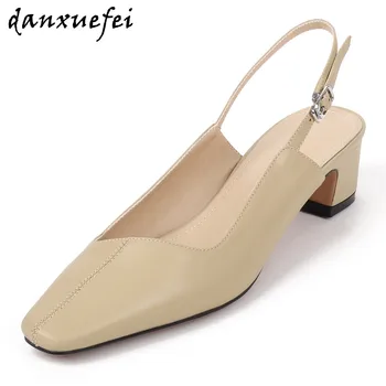 

Women's genuine leather thick high heel slingback slip-on pumps square toe elegant ladies OL style comfortable dress heels shoes