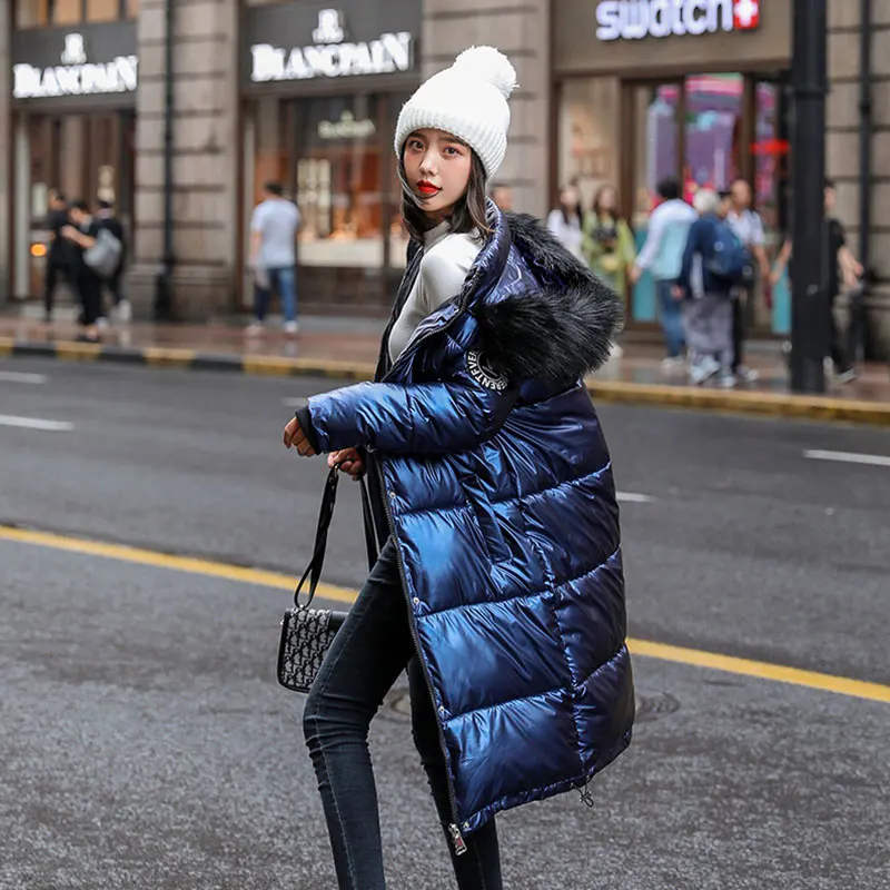 Goedkoop Vrouwen Lange Afneembare Bontkraag Glossy Hooded Oversized Winter Down Jas Student Dikke Warme Jas Katoen Gewatteerde Gewatteerd Parka