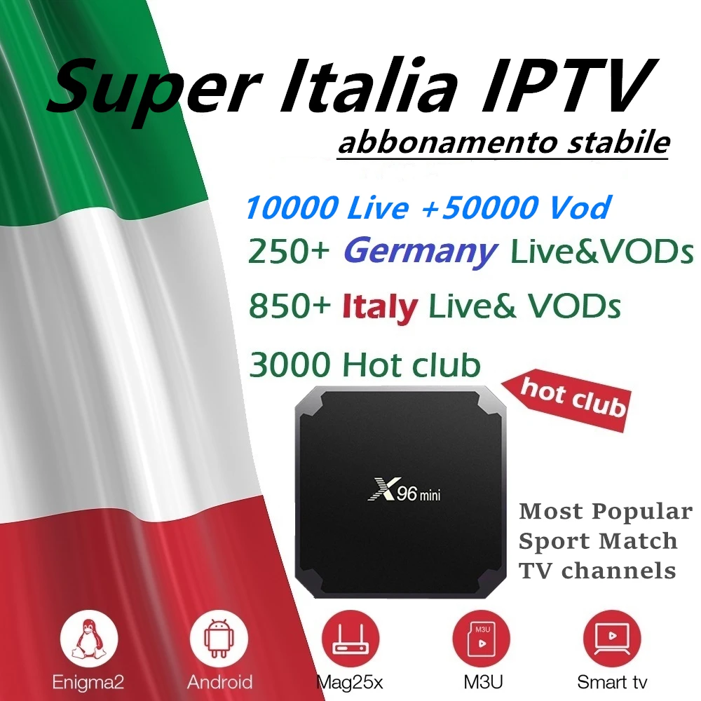 

X96 mini Android 9.0 tv box with Italian iptv subscription 6000 live smart tv box best Italy Spain UK Germany French iptv 4k box