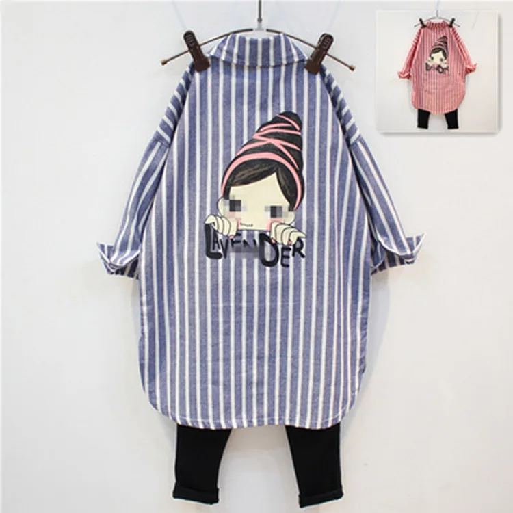 

2018 Autumn Girls Elegant Mid-length Short in Front zhang fan ling Vertical Striped Child Shirt