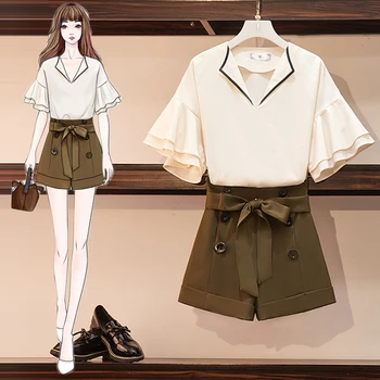 

plus size women set Summer 2 piece set v neck ruffle sleeve chiffon top and shorts set Korean two piece outfits office lady set
