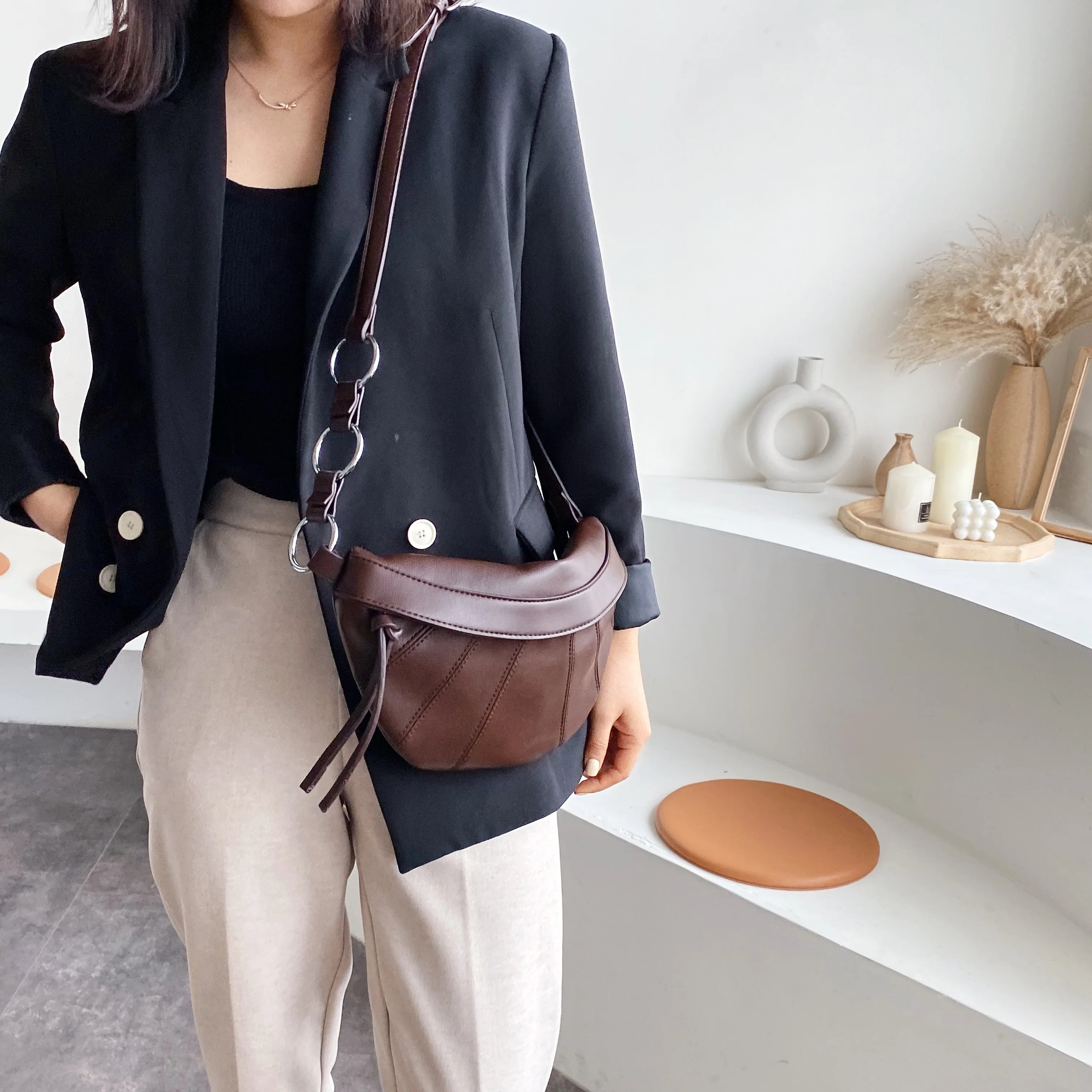  Vintage PU Leather Crossbody Bags For Women 2019 Small Solid Color Spliced Shoulder Messenger Bag L - 4000336565226