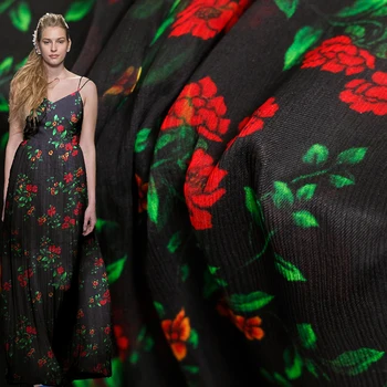 

Red Raspberry Red Rose Printed Silk Crinkle Chiffon 100%Silk Materials Summer Women Dress Sewing Cloth Tailor Freeshipping