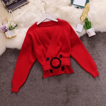 

Temperament Cross V-neck Lantern Sleeve Waist Joker Solid Color Knit Sweater Female 2019 Autumn New
