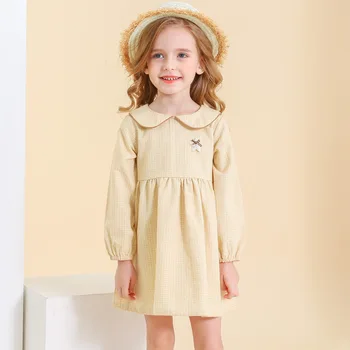 

3-7Yrs Girl Long Sleeves Dress Pring Autumn Children Dress Retro Small Lapel Plaid Girl Princess Dress For Baby Kids Clothing