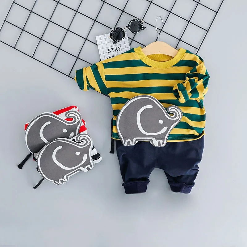 

Spring Autumn Kids Boy Clothes Set Striped Elephant Print Long Sleeves Casual T-shirt +Jeans Pants Children Clothing Casual Suit