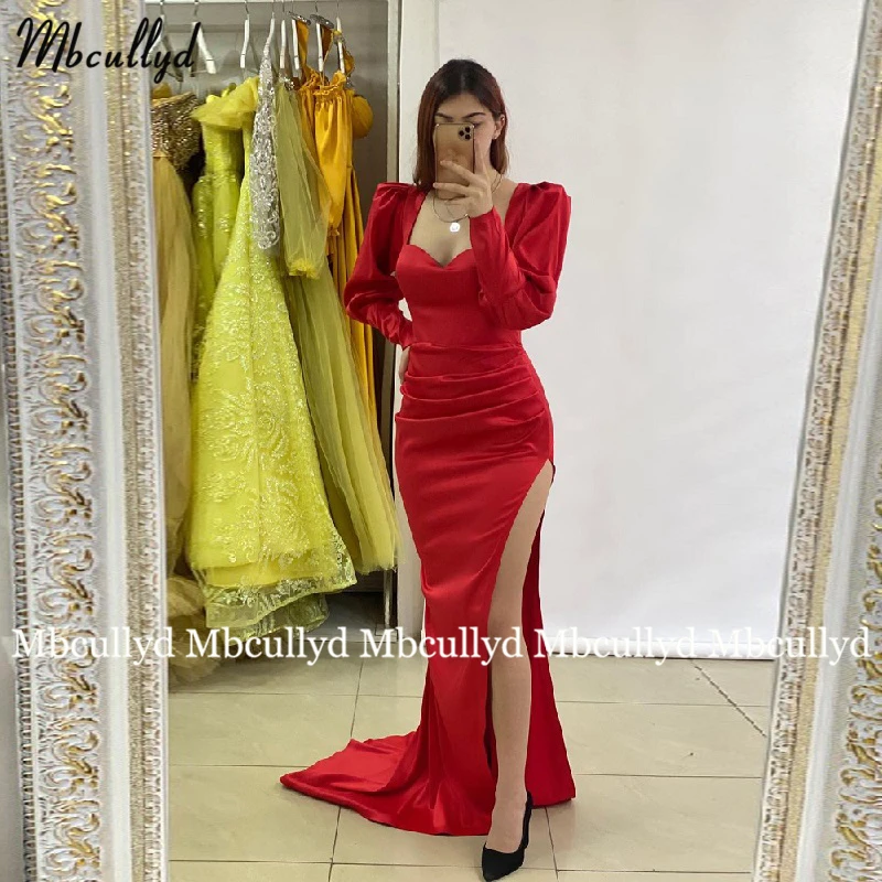 

Robe De Soiree 2023 Mermaid Evening Dresses Long Sleeve Red Sexy Side Split Satin Prom Gowns Formal Party Pageant Dress
