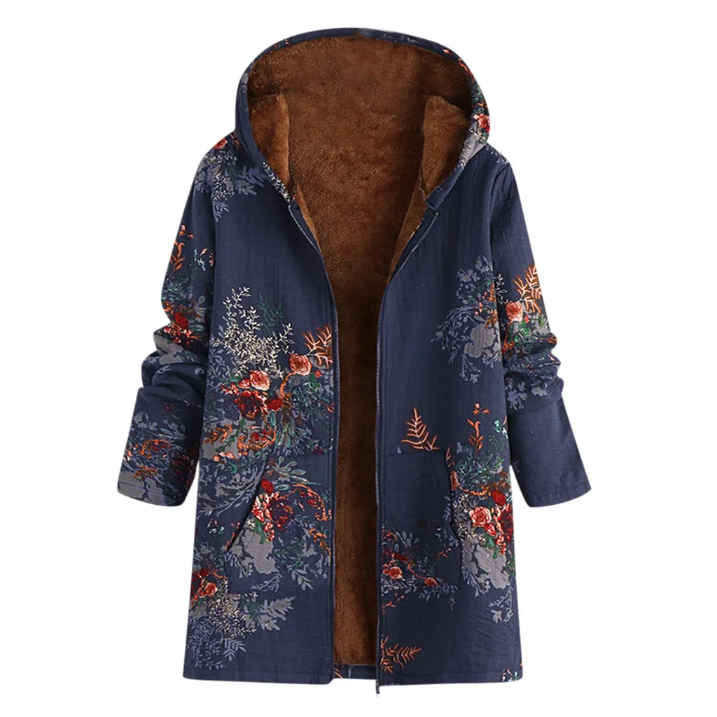 JAYCOSIN одежда для женщин Винтаж Цветочный Принт флисовое пальто с капюшоном Женская мода Бохо длинный рукав размера плюс куртки пальто 1017 - Цвет: Navy