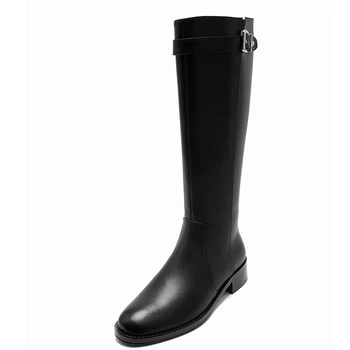 

Cow Leather Female Knee High Boots Genuine Leather Metal Buckle Platform low square Heels boots Working Shoes Woman