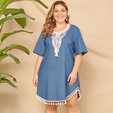 Оригинальное дизайнерское платье с перекрестной вышивкой и нашивкой на шнуровке с v-образным вырезом и кисточками, свободное и женское платье большого размера, Ковбойское короткое платье