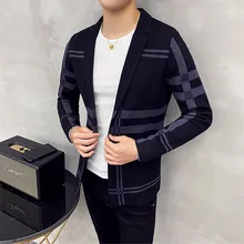 Men's Knitted Sweater Jacket Men Fashion High Quality Brand Slim Striped Long Sleeve Suit Collar Cardigan Wool Jacket Coat