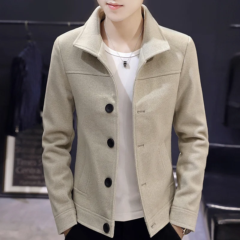 

Woolen Jacket Men's Korean-style Trend Men Fold-down Collar Jacket Youth Fall And Winter Clothes New Style Woolen Cloth Solid Co