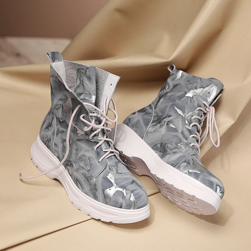 

Women Shoes Autumn Winter Fashion unique Cow Genuine Leather Camouflage shoes High Heels Women Ankle Boots pop Size 34-42