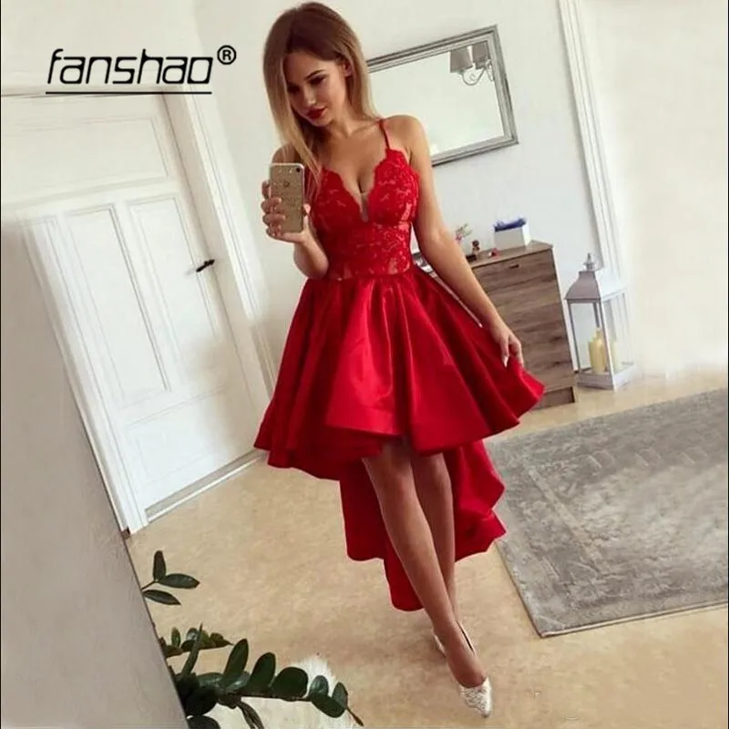 

2019 New Red Homecoming Dresses Spaghetti Straps V-Neck Hi Low Party Dresses Mini Prom Dress vestidos de graduacion