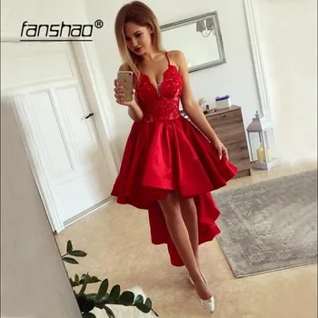 

Sexy New Red Homecoming Dresses Spaghetti Straps V-Neck Hi Low Party Dresses Mini Prom Dress vestidos de graduacion