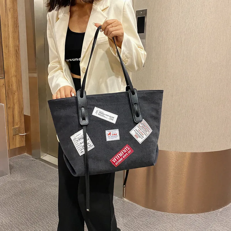 

Big Size Black Canvas Shoulder Bag for Women Classic Badge Patch Bucket Tote Bags Lady Lager Pure Color Shopping Bag Sac A Main