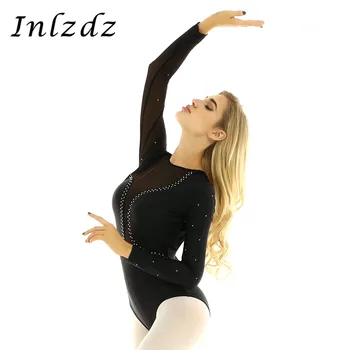 

Women Adults Gymnastics Leotard Bodysuit Round Neck Long Sleeves Open Back with Shiny Rhinestones Leotard Ballet Dancewear