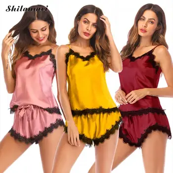 

Women 2 Pcs Satin Pajama Set Sexy Lace Shorts Sleepwear Ladies V Neck Spaghetti Strap Summer Nightwear Female Pajama Party Set