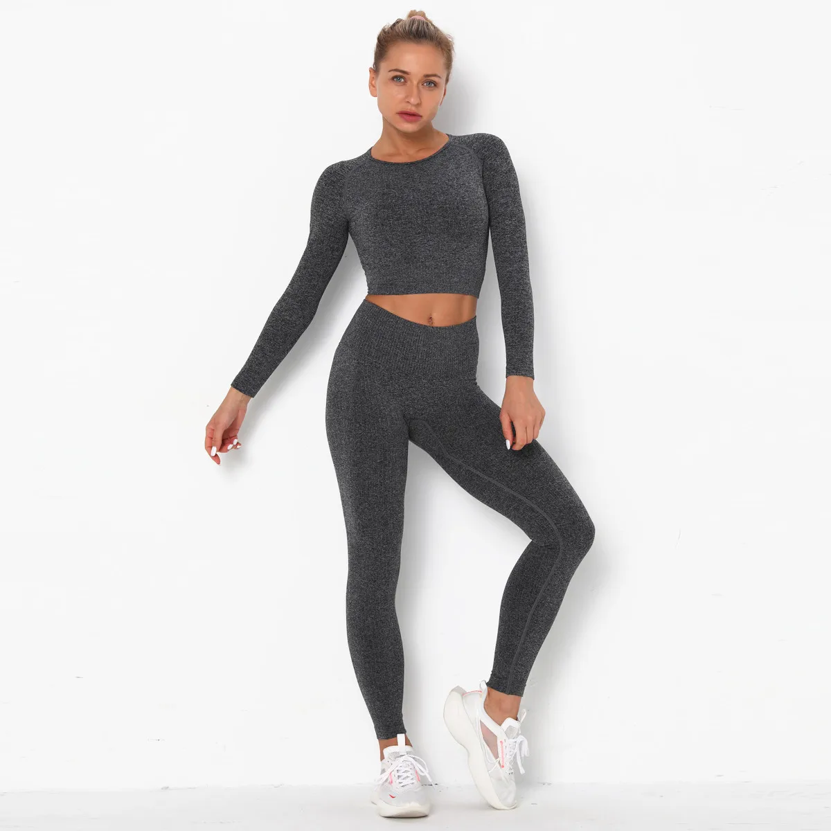 

2 Piece Set Women Seamless Yoga Set Workout Clothes for Women Long Sleeve Workout Outfits High Waist Leggings Solid Gym Clothing