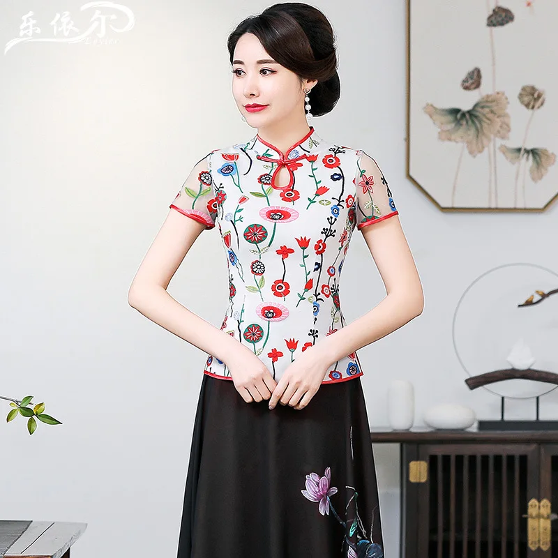 

Summer Short-sleeved Cheongsam Short Tops Chinese-style Embroidered Chinese Costume Set Chinese Style Retro Middle-aged Women Dr
