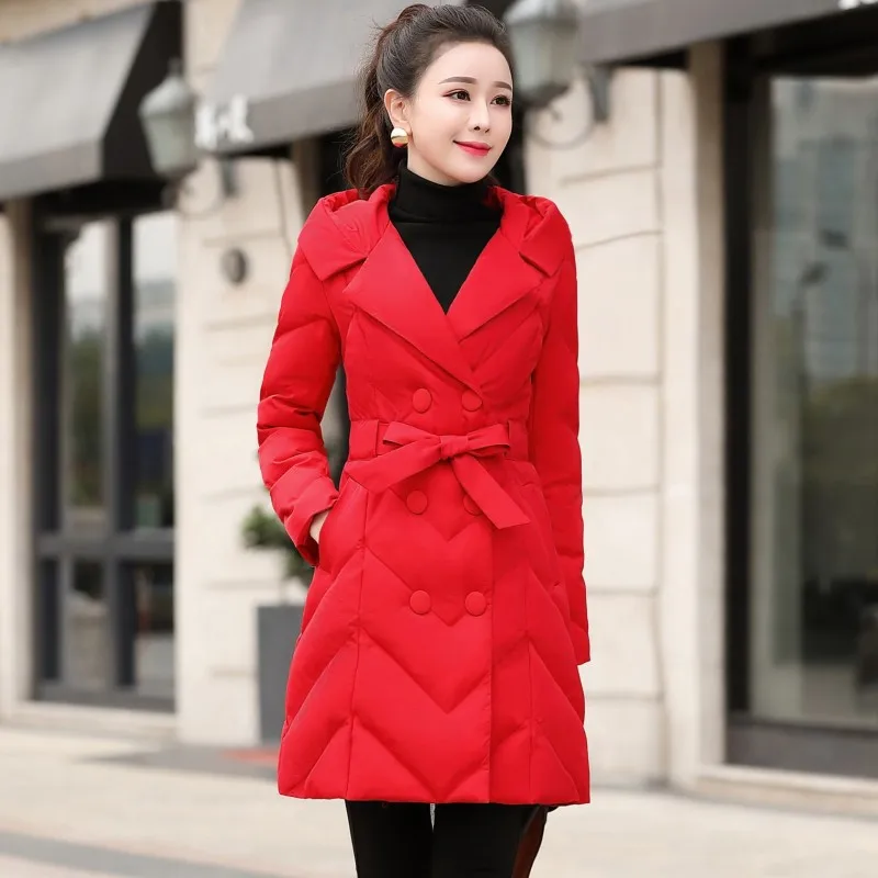 

2019 Winter New Style Slim Fit Warm Small Cotton-Padded Jacket Mid-length Lace-up Fashion Hooded down Feather Cotton-padded Clot