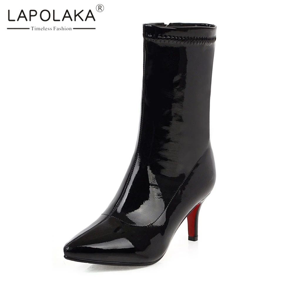

Lapolaka Brand New Big Size 32-43 Pointed Toe Patent Pu Ladies High Heels Shoes Woman Casual Party Sexy Mid Calf Boots Women